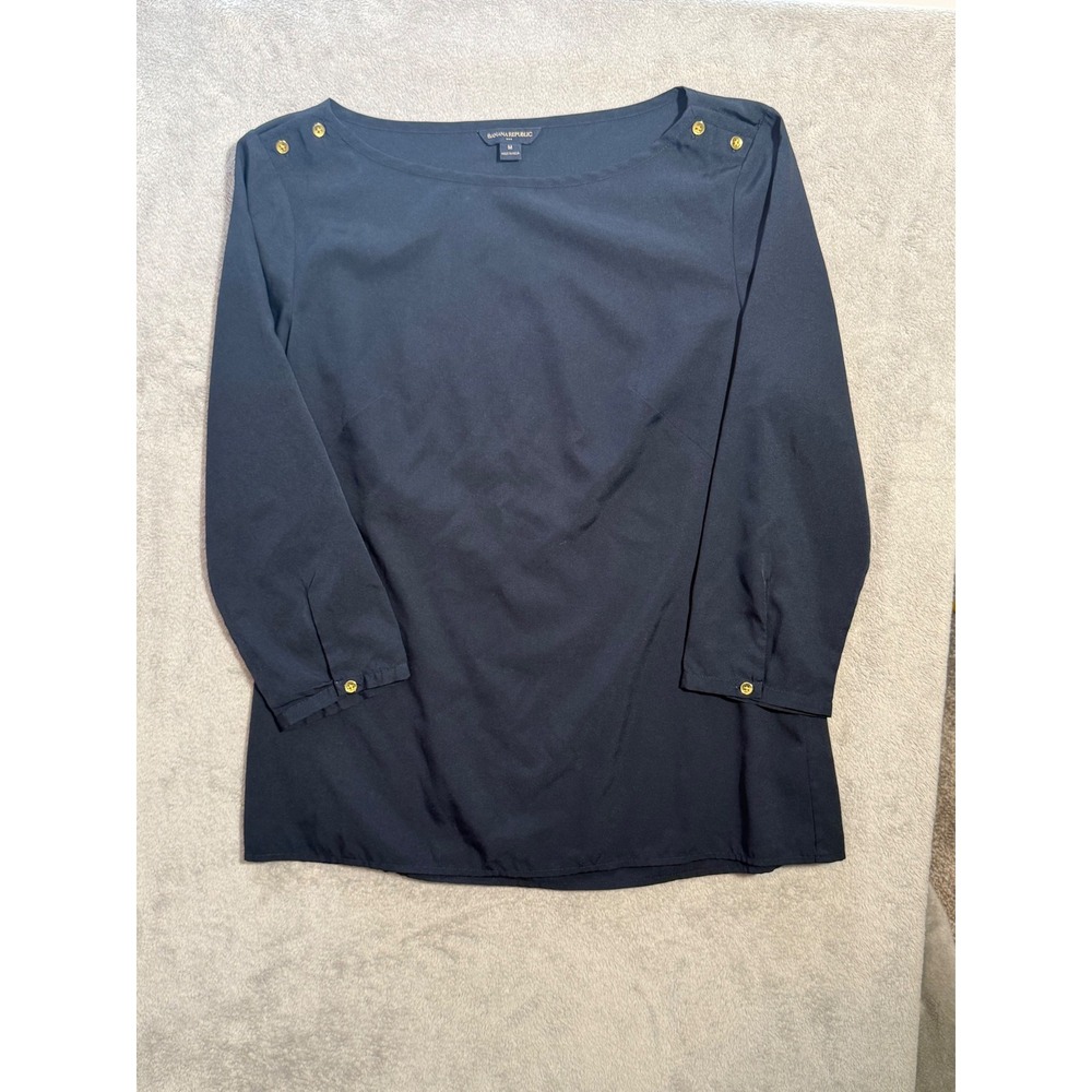 Banana Republic Women's Matte Navy Boat Neck 3/4 Sleeve Blouse Gold Button